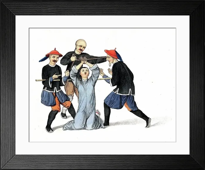 Framed Print : Torture, Punishment, Punishment, A Chinese man with his hands bound in a wooden grid kneels on the ground and is surrounded by two men with a long stick and one man with a rope, c. 1810, China, Historical, digitally restored reproduction from a 19th Framed Print : Torture, Punishment, Punishment, A Chinese man with his hands bound in a wooden grid kneels on the ground and is surrounded by two men with a long stick and one man with a rope, c. 1810, China, Historical, digitally restored reproduction from a 19th