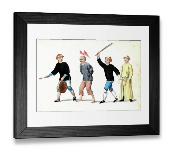 Framed Print : Torture, Punishment, Punishment, A Chinese man with his hands tied behind his back and two red flags on his head is being whipped with wooden sticks, on the left a man holds a drum, c Framed Print : Torture, Punishment, Punishment, A Chinese man with his hands tied behind his back and two red flags on his head is being whipped with wooden sticks, on the left a man holds a drum, c
