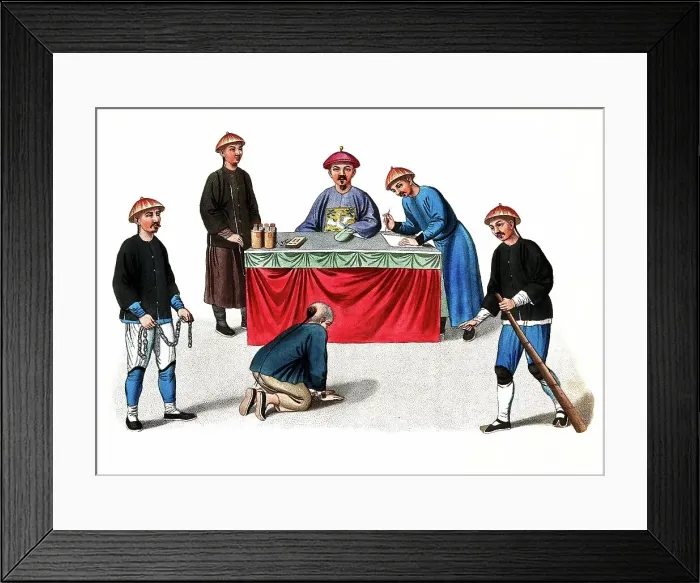 Framed Print : Torture, Punishment, Punishment, A Chinese man with his hands bound, surrounded by a guard with a chain and a guard with a stick, kneels in front of a man sitting at his desk and his two assistants, c. 1810, China, Historic, digitally restored Framed Print : Torture, Punishment, Punishment, A Chinese man with his hands bound, surrounded by a guard with a chain and a guard with a stick, kneels in front of a man sitting at his desk and his two assistants, c. 1810, China, Historic, digitally restored