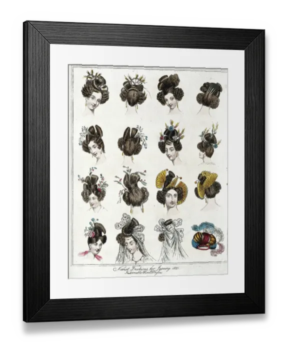 Framed Print : Fashion, Hat Fashion, Fifteen heads of woman wearing the latest fashionable headdresses of 1831, also a hat with feathers, France, Historic, digitally restored reproduction from a 19th century original Framed Print : Fashion, Hat Fashion, Fifteen heads of woman wearing the latest fashionable headdresses of 1831, also a hat with feathers, France, Historic, digitally restored reproduction from a 19th century original