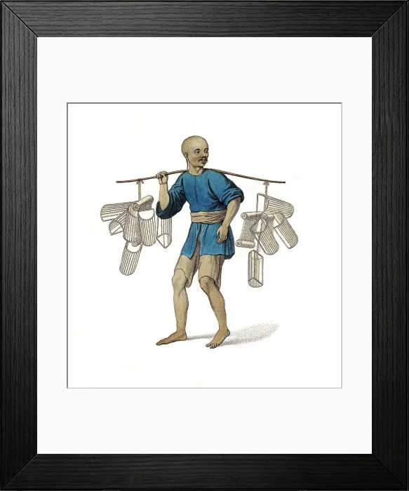 Framed Print : A Chinese worker, a fisherman or viper trader, balancing a pole over his shoulder from which hangs a collection of small basket-like objects, c. 1810, China, Historic, digitally restored reproduction from a 19th century original Framed Print : A Chinese worker, a fisherman or viper trader, balancing a pole over his shoulder from which hangs a collection of small basket-like objects, c. 1810, China, Historic, digitally restored reproduction from a 19th century original