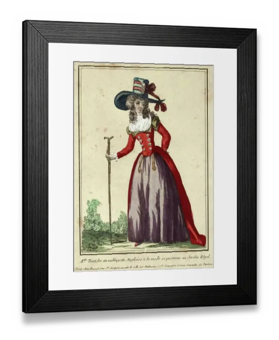 Framed Print : Woman in a fashionable English rodingotte walking through the Jardin Royal, c. 1785, France, Historic, digitally restored reproduction from a 19th century original Framed Print : Woman in a fashionable English rodingotte walking through the Jardin Royal, c. 1785, France, Historic, digitally restored reproduction from a 19th century original