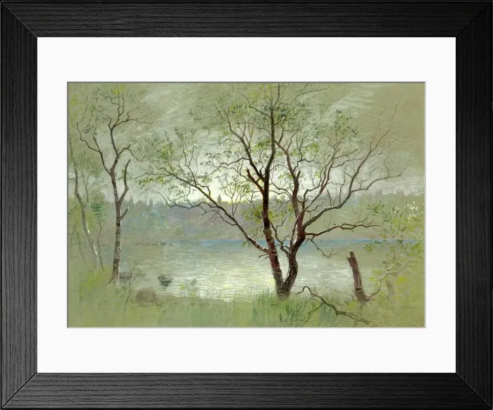 Framed Print : Two trees in the foreground framing the composition. Water in the middle ground, with silhouettes of buildings on the distant shore, 1880 Framed Print : Two trees in the foreground framing the composition. Water in the middle ground, with silhouettes of buildings on the distant shore, 1880