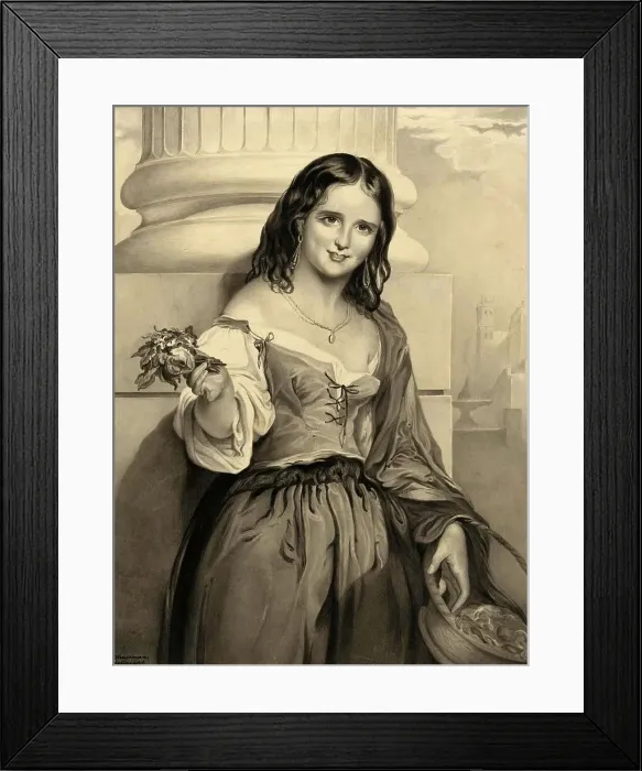 Framed Print : Young flower seller standing in front of a column, 1860, Italy, Historic, digitally restored reproduction from a 19th century original Framed Print : Young flower seller standing in front of a column, 1860, Italy, Historic, digitally restored reproduction from a 19th century original