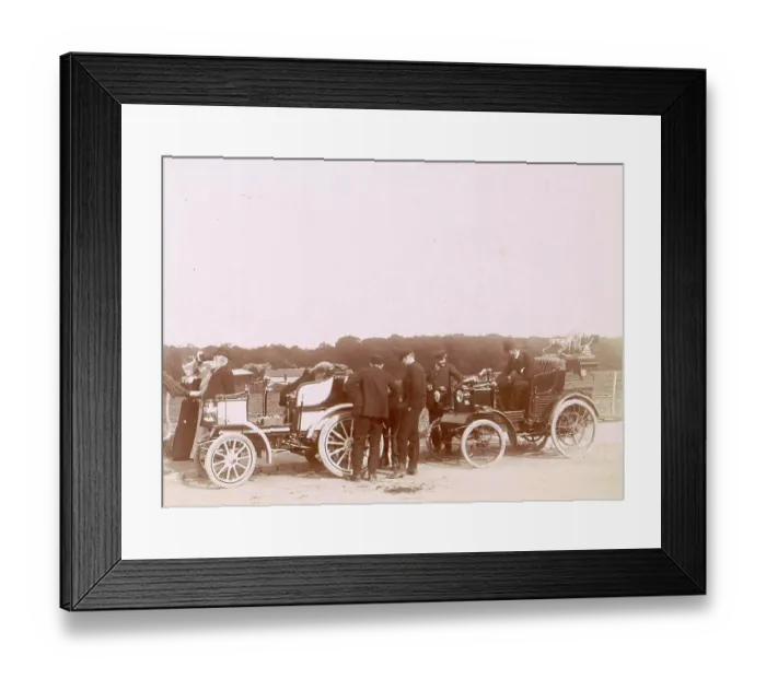 Framed Print : History of the automobile, company with two cars in France, probably during a race for Mors cars, 1898, France, digitally restored reproduction from a 19th-20th century original Framed Print : History of the automobile, company with two cars in France, probably during a race for Mors cars, 1898, France, digitally restored reproduction from a 19th-20th century original