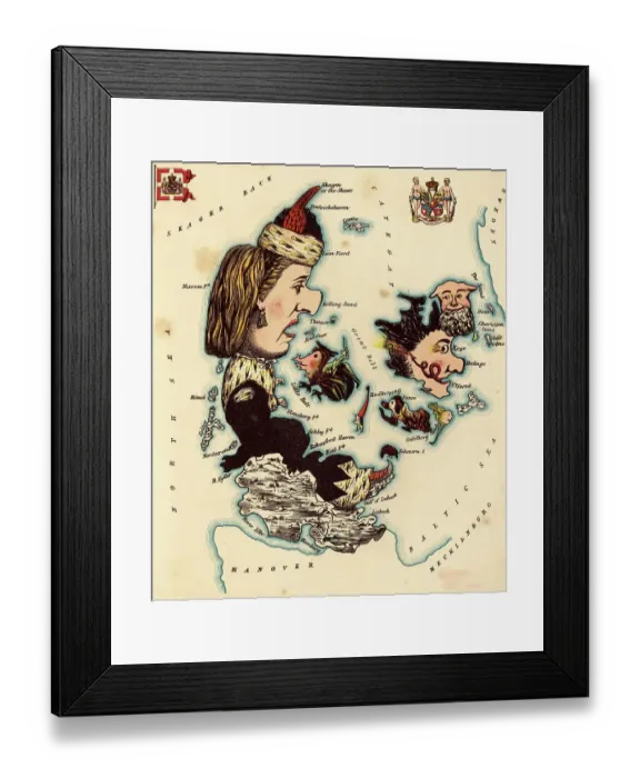 Framed Print : Personified map, c. 1880, Denmark, depicted with a noblewoman, Historical, digitally restored reproduction from a 19th century original