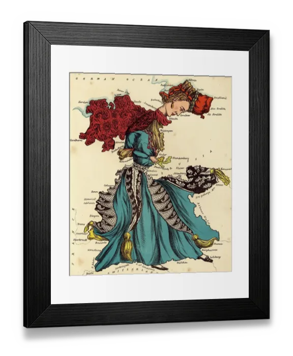 Framed Print : Personified Map, c. 1880, Germany, depicted as a dancing lady, Historic, digitally restored reproduction from a 19th century original Framed Print : Personified Map, c. 1880, Germany, depicted as a dancing lady, Historic, digitally restored reproduction from a 19th century original