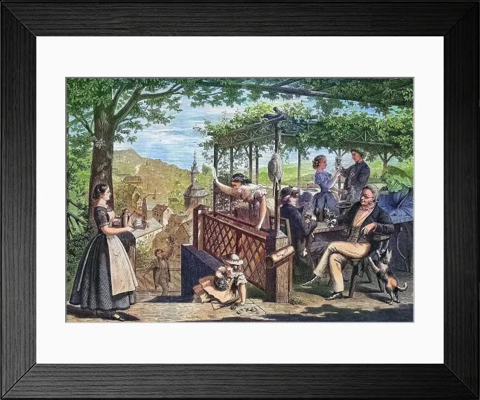 Framed Print : Garden Restaurant on the Burgberg near Loschwitz, Dresden, Saxony, Germany, historical engraving, 1869, Historic, digitally restored reproduction from a 19th century original, coloured, exact date unknown Framed Print : Garden Restaurant on the Burgberg near Loschwitz, Dresden, Saxony, Germany, historical engraving, 1869, Historic, digitally restored reproduction from a 19th century original, coloured, exact date unknown