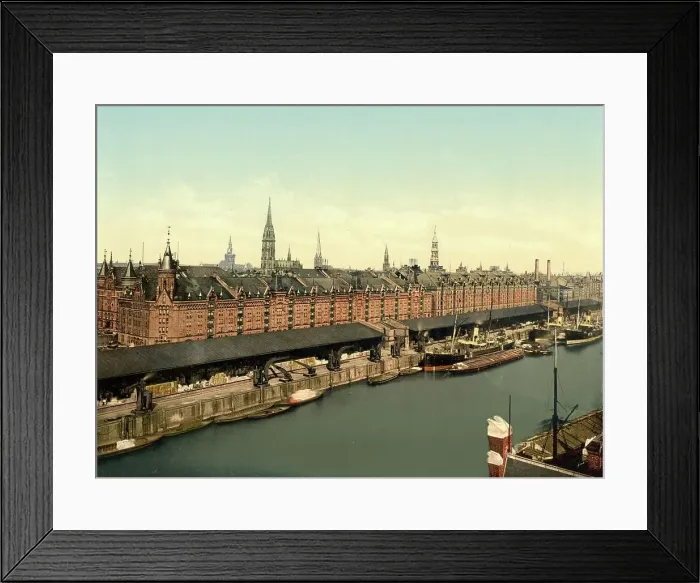 Framed Print : Speicherstadt, Warehouses with the Docks, Hamburg, c. 1890, Germany, Historic, digitally restored reproduction from a 19th century original Framed Print : Speicherstadt, Warehouses with the Docks, Hamburg, c. 1890, Germany, Historic, digitally restored reproduction from a 19th century original