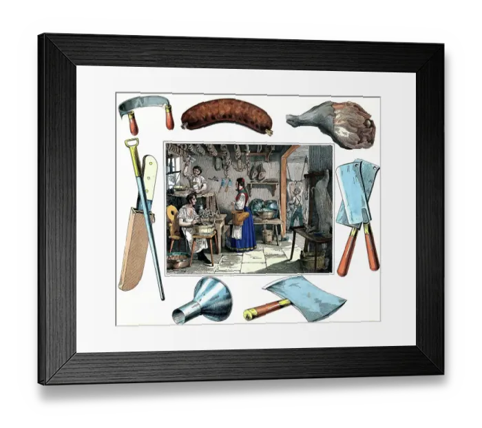 Framed Print : A butcher's shop, two butchers are working with knives and cleavers while another is making sausages, a woman has come to shop and is holding some money in her hand, all around vignettes with a sausage, a leg of pork and instruments of the butcher Framed Print : A butcher's shop, two butchers are working with knives and cleavers while another is making sausages, a woman has come to shop and is holding some money in her hand, all around vignettes with a sausage, a leg of pork and instruments of the butcher