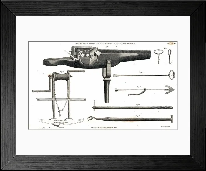 Framed Print : Tools used in whaling, harpoon gun, ship's winch, hand hook, ice drill, cannon harpoon, seal club, king fork, c. 1790, Norway, Historic, digitally restored reproduction from a 19th century original Framed Print : Tools used in whaling, harpoon gun, ship's winch, hand hook, ice drill, cannon harpoon, seal club, king fork, c. 1790, Norway, Historic, digitally restored reproduction from a 19th century original