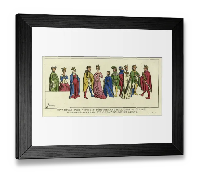 Framed Print : French Kings, Queens and nobles, Medieval costumes, 14th Century