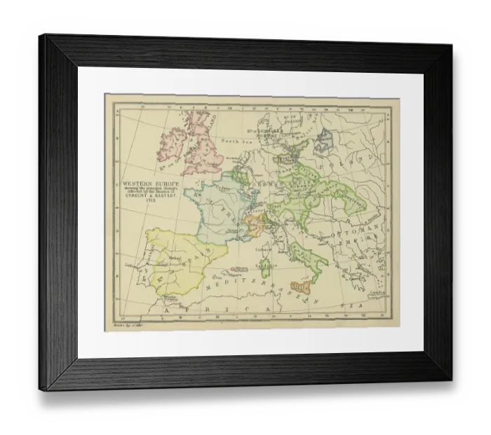 Framed Print : Old chromolithograph map of Western Europe showing the principal changes affected by the Treaties of Utrecht and Rastatt (1713) Framed Print : Old chromolithograph map of Western Europe showing the principal changes affected by the Treaties of Utrecht and Rastatt (1713)
