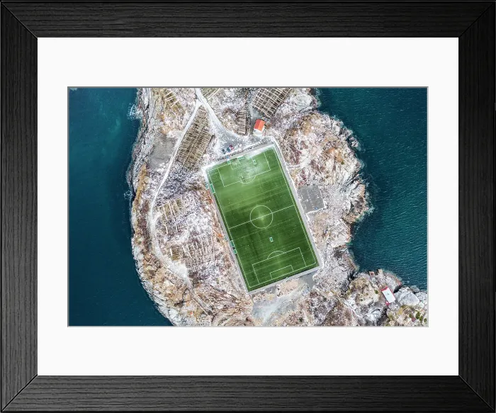 Framed Print : Soccer field from above, Henningsvaer, Norway Framed Print : Soccer field from above, Henningsvaer, Norway