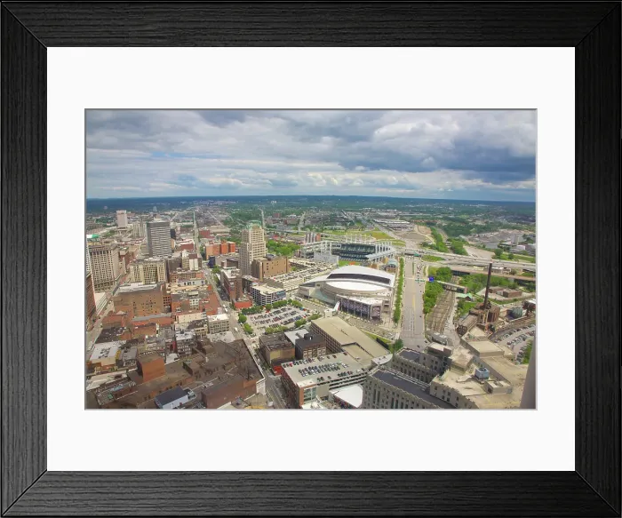 Framed Print : Cleveland city view with baseball and basketball stadiums Framed Print : Cleveland city view with baseball and basketball stadiums