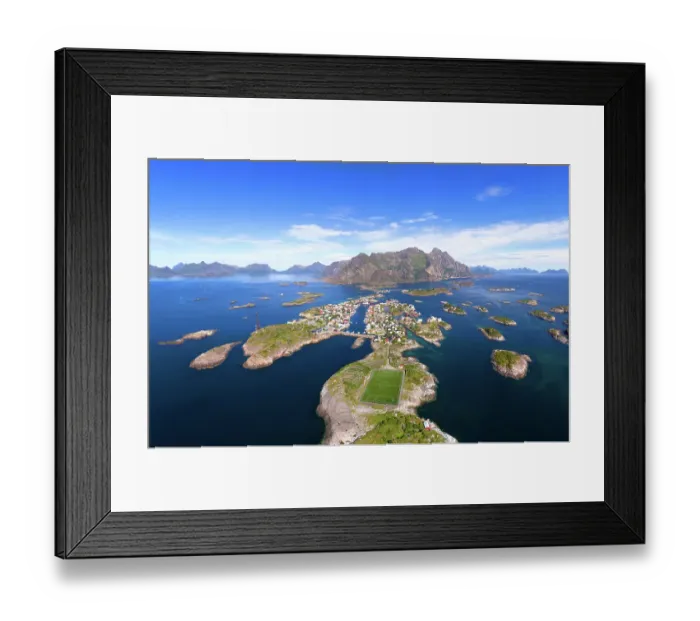 Framed Print : Aerial view of Henningsvaer archipelago and famous football stadium on Lofoten islands Framed Print : Aerial view of Henningsvaer archipelago and famous football stadium on Lofoten islands