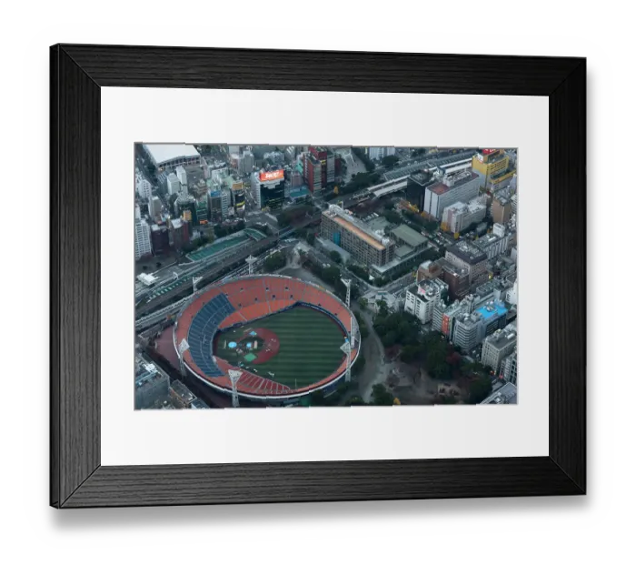 Framed Print : Japan, Yokohama, Kanagawa, Cityscape and Yokohama stadium, aerial view Framed Print : Japan, Yokohama, Kanagawa, Cityscape and Yokohama stadium, aerial view