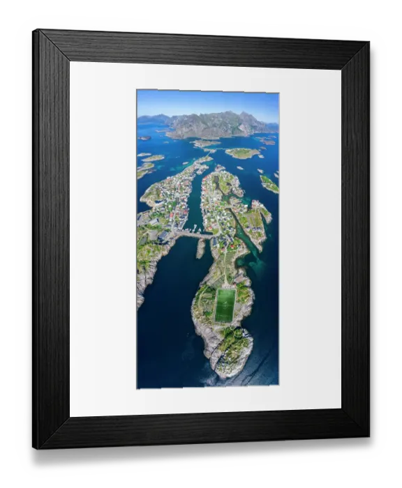 Framed Print : Aerial view, Henningsvaer with football stadium, rock islands in the sea off Bergen, Festvagtinden, Vestvagoey, Lofoten, Nordland, Norway Framed Print : Aerial view, Henningsvaer with football stadium, rock islands in the sea off Bergen, Festvagtinden, Vestvagoey, Lofoten, Nordland, Norway
