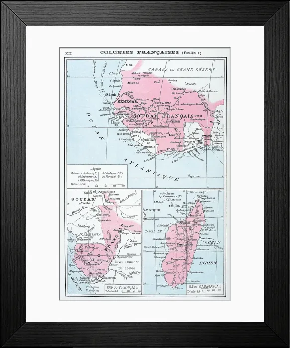Framed Print : Antique map of French colonies in Africa Framed Print : Antique map of French colonies in Africa