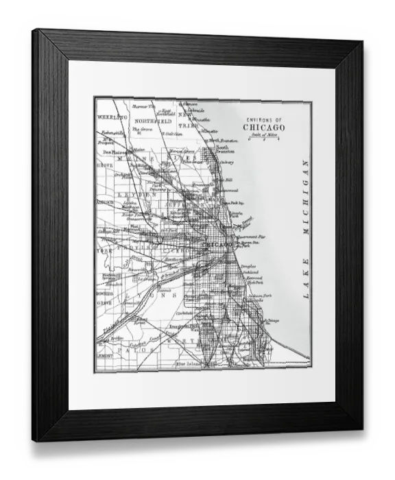 Framed Print : Old chromolithograph map of environs of Chicago and Lake Michigan, USA Framed Print : Old chromolithograph map of environs of Chicago and Lake Michigan, USA
