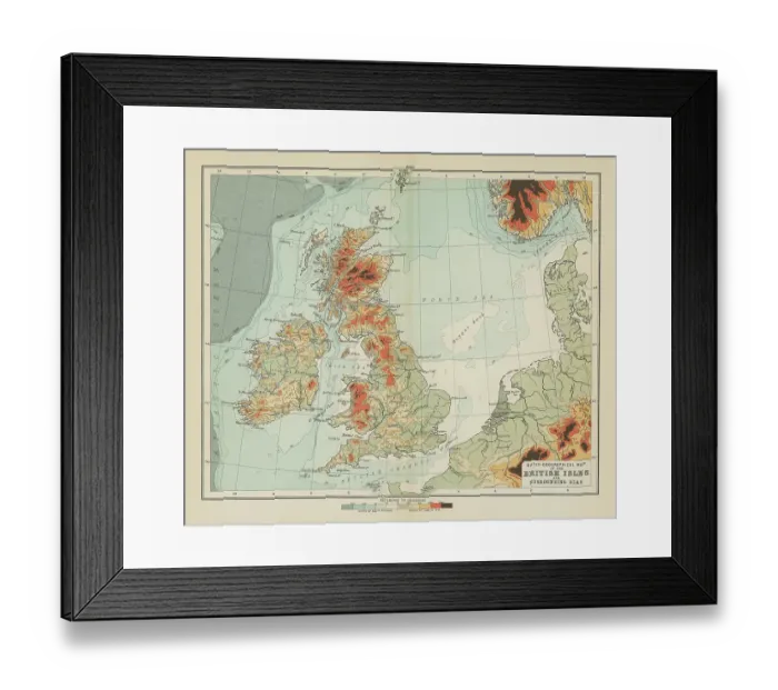 Framed Print : Old chromolithograph map of map of bathyorographical map of the British Isles and surrounding seas Framed Print : Old chromolithograph map of map of bathyorographical map of the British Isles and surrounding seas