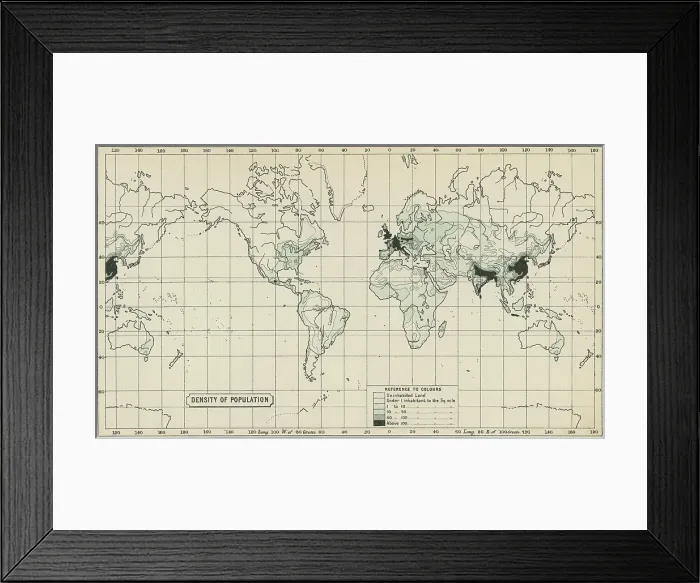 Framed Print : Old chromolithograph map of population density of the Earth (World) Framed Print : Old chromolithograph map of population density of the Earth (World)