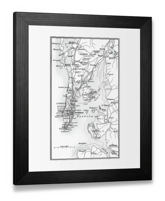 Framed Print : Old chromolithograph map of Mumbai or Bombay, the capital city of the Indian state of Maharashtra