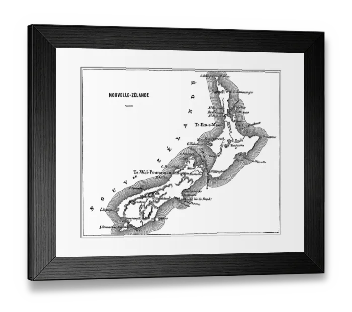 Framed Print : Old engraved map of New Zealand Islands Framed Print : Old engraved map of New Zealand Islands