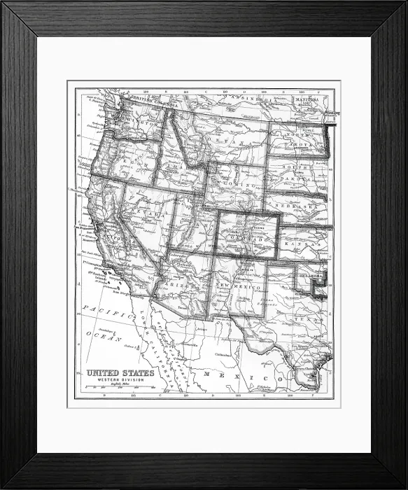 Framed Print : Old chromolithograph map of United States of America - Western division Framed Print : Old chromolithograph map of United States of America - Western division