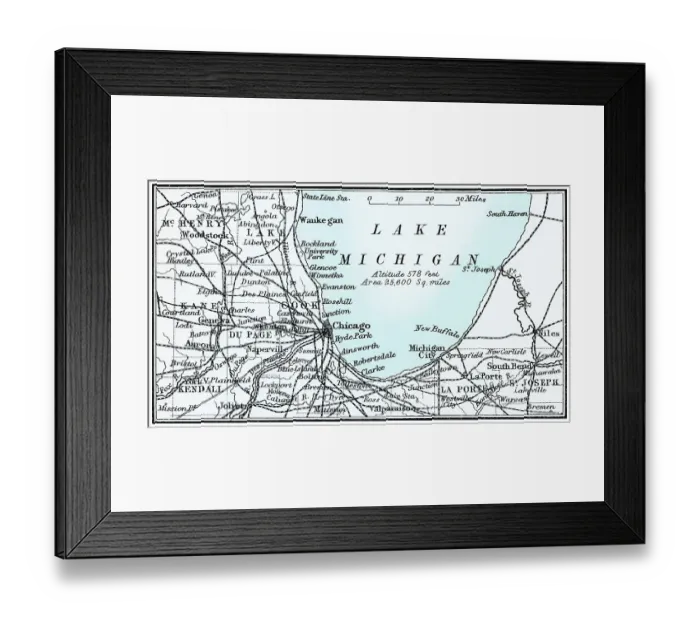 Framed Print : Old chromolithograph map of Chicago and Lake Michigan, USA Framed Print : Old chromolithograph map of Chicago and Lake Michigan, USA
