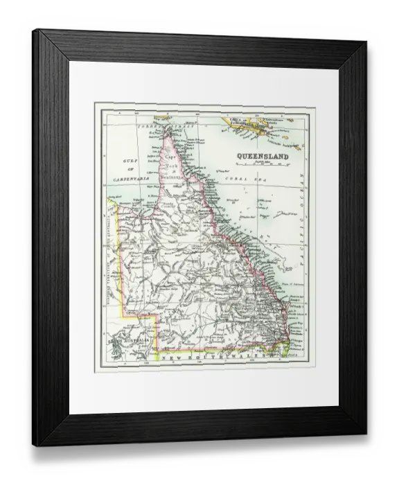 Framed Print : Old chromolithograph map of Queensland, a state situated in northeastern Australia, and is the second-largest and third-most populous of the Australian states