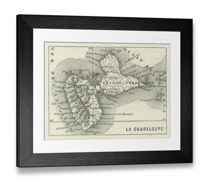 Framed Print : Old engraved map of Guadeloupe, an overseas department of France in the Caribbean Framed Print : Old engraved map of Guadeloupe, an overseas department of France in the Caribbean