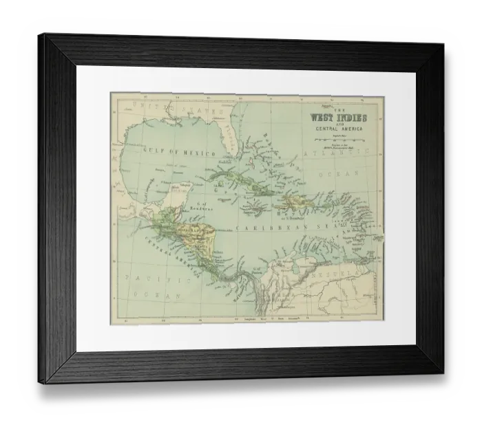 Framed Print : Old chromolithograph map of West Indies (British Guiana), Central America (Venezuela) part of Colombia and Jamaica