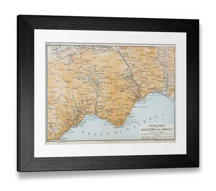 Framed Print : Map of Salerno and Amalfi coast, Italy - 1893 Framed Print : Map of Salerno and Amalfi coast, Italy - 1893