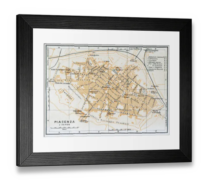 Framed Print : Map of Piacenza, a city and comune (municipality) in the Emilia-Romagna region of Northern Italy, Italy - 1893 Framed Print : Map of Piacenza, a city and comune (municipality) in the Emilia-Romagna region of Northern Italy, Italy - 1893