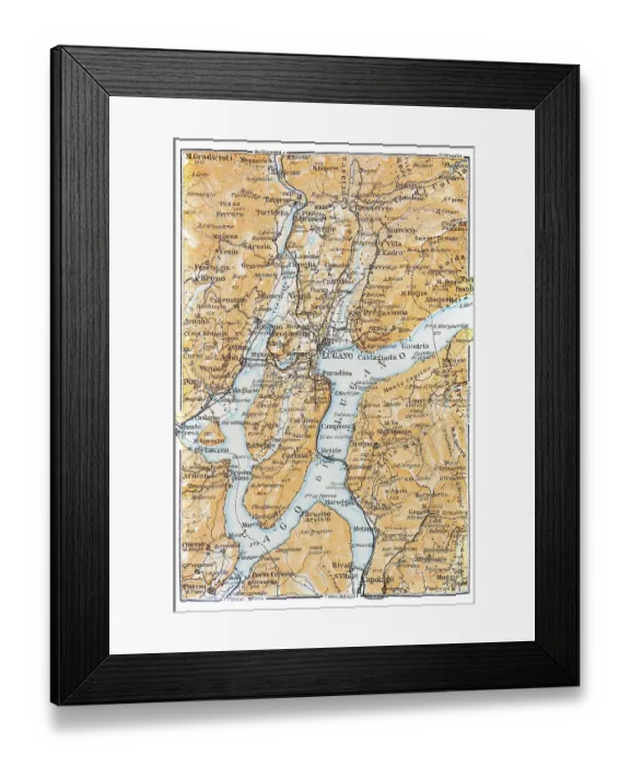 Framed Print : Map of Lake Lugano, Italy - 1893 Framed Print : Map of Lake Lugano, Italy - 1893