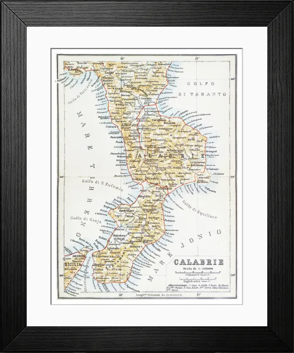 Framed Print : Map of the Calabria peninsula, Italy - 1893 Framed Print : Map of the Calabria peninsula, Italy - 1893
