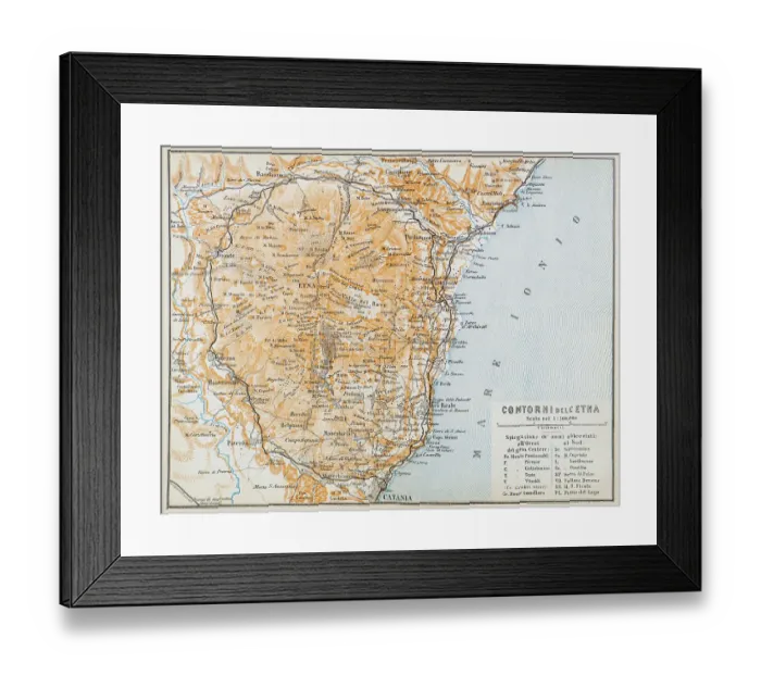 Framed Print : Map of the surroundings of Mount Etna, Italy - 1893 Framed Print : Map of the surroundings of Mount Etna, Italy - 1893