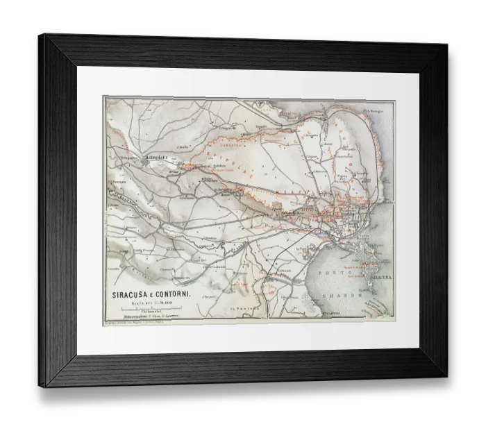 Framed Print : Map of Syracuse and surroundings, Italy - 1893 Framed Print : Map of Syracuse and surroundings, Italy - 1893