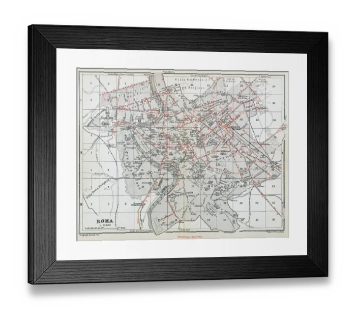 Framed Print : Map of Rome tramway system, Italy - 1893