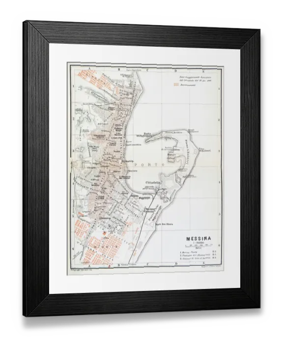 Framed Print : Map of Messin, a harbor city in northeast Sicily, , Italy - 1893 Framed Print : Map of Messin, a harbor city in northeast Sicily, , Italy - 1893