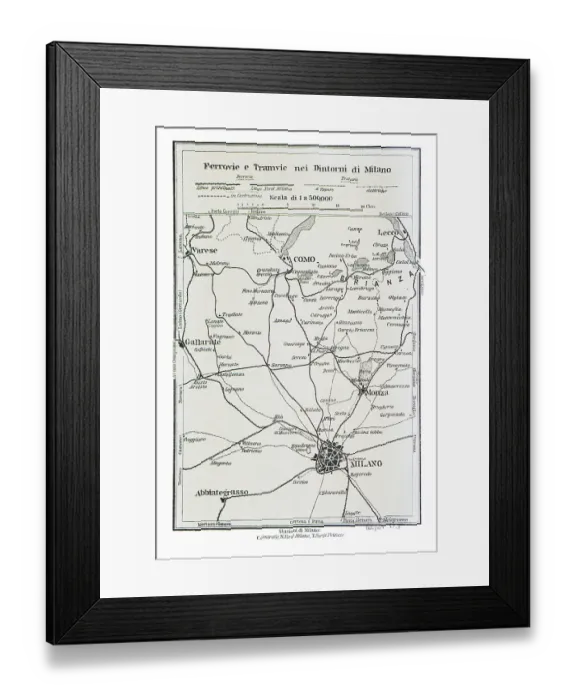 Framed Print : Map of railways and tramways around Milan, Italy - 1893 Framed Print : Map of railways and tramways around Milan, Italy - 1893