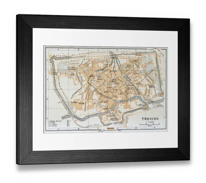 Framed Print : Map of Treviso, a city in northeastern Italy with many canals, Italy - 1893 Framed Print : Map of Treviso, a city in northeastern Italy with many canals, Italy - 1893