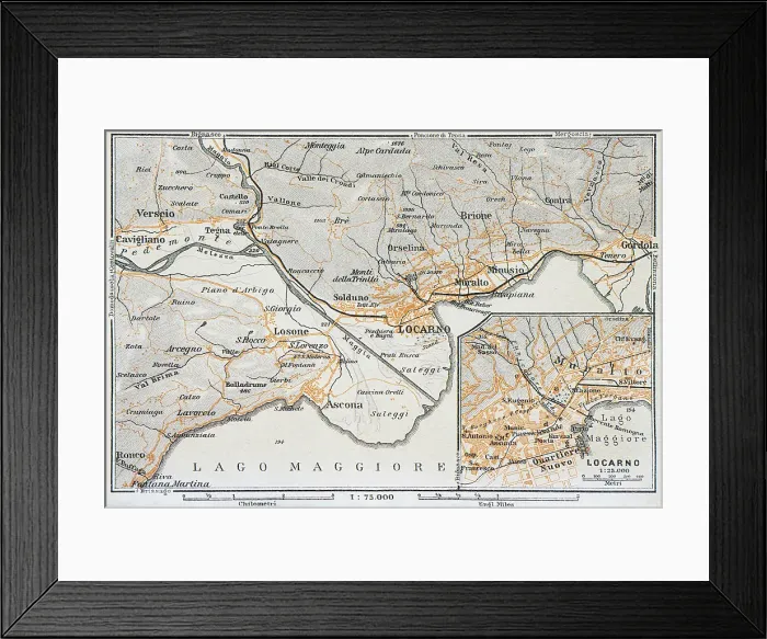 Framed Print : Map of Lake Maggiore and Locarno, Italy - 1893 Framed Print : Map of Lake Maggiore and Locarno, Italy - 1893