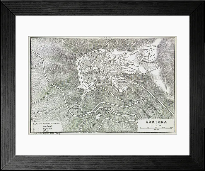 Framed Print : Map of Cortona, a town and comune in the province of Arezzo, Italy - 1893 Framed Print : Map of Cortona, a town and comune in the province of Arezzo, Italy - 1893