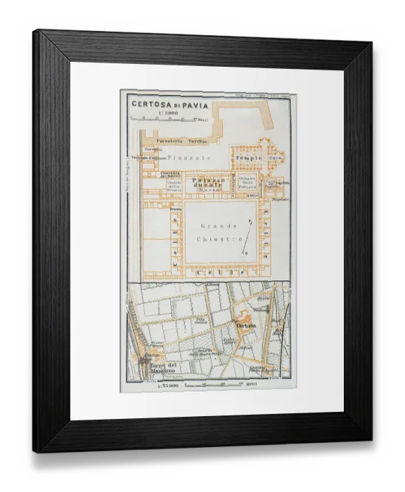 Framed Print : Map of Certosa di Pavia, a monastery complex in Lombardy, Italy - 1893 Framed Print : Map of Certosa di Pavia, a monastery complex in Lombardy, Italy - 1893