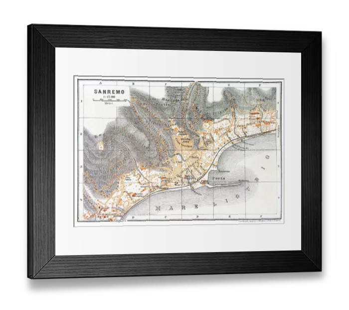 Framed Print : Map of the city of Sanremo, Italy - 1893 Framed Print : Map of the city of Sanremo, Italy - 1893