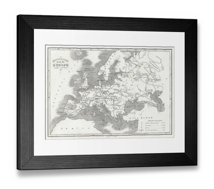 Framed Print : Geological Map of Europe - engraving illustration engraving 1840 Framed Print : Geological Map of Europe - engraving illustration engraving 1840