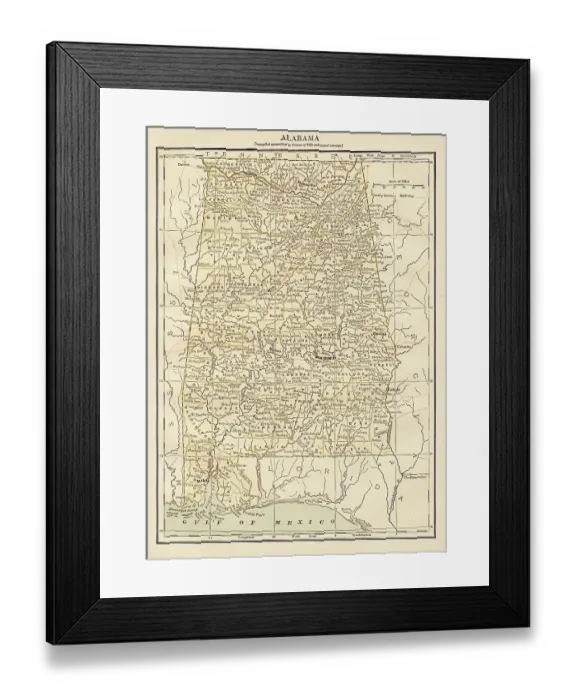 Framed Print : Map of the state of Alabama, USA 1878 Framed Print : Map of the state of Alabama, USA 1878