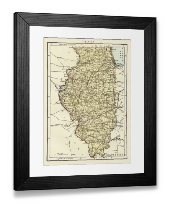 Framed Print : Map of the state of Illinois, USA 1878